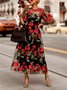 Elegant Floral Embroidery Crew Neck Midi Party Dress