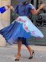 Elegant Polka Dots Puff Sleeve Printing Crew Neck Knee Length Dress
