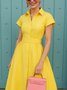 Casual Plain Cotton Distressing Shirt Collar Midi Dress