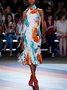 Elegant Random Print Printing Crew Neck Midi Dress With Scarf
