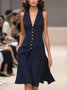 Urban Plain Buttoned Lapel Collar Knee Length Dress