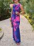 Vacation Floral Side-Slit Crew Neck Maxi Dress With Belt