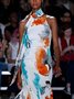 Elegant Random Print Printing Crew Neck Midi Dress With Scarf