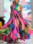 Vacation Random Print Side-Slit Stand Collar Maxi Dress With Belt
