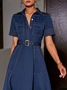 Denim Casual Plain Buttoned Midi Dress Wtih Belt
