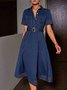 Denim Casual Plain Buttoned Midi Dress Wtih Belt