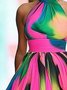 Vacation Random Print Side-Slit Stand Collar Maxi Dress With Belt
