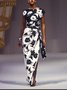 Elegant Floral Raglan Sleeve Side-Slit Boat Neck Maxi Party Dress