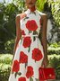 Elegant Floral Printing Stand Collar Midi Dress