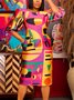 Elegant Random Print Puff Sleeve Printing Crew Neck Knee Length Dress