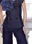 Casual Plain Buttoned Denim Top With Brooch