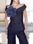 Casual Plain Buttoned Denim Top With Brooch