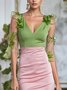 Elegant Color Block Split Joint V Neck Knee Length Dress