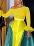 Elegant Color Block Bell Sleeve Split Joint Asymmetrical Midi Party Dress
