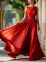 Cotton Casual Plain Distressing Crew Neck Maxi Dress With Belt